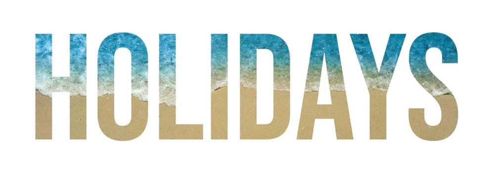 Overlay of the word holidays on beach with sea and waves isolated on white background. Summer holidays concept. Holidays word.