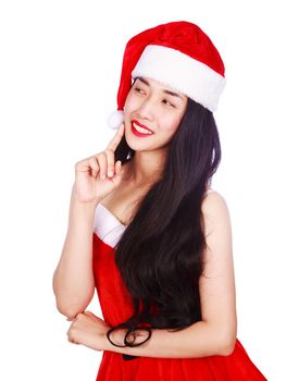 woman thinking in Santa Claus clothes isolated on a white background