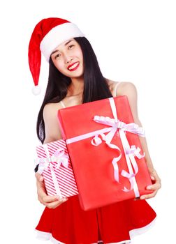 happy woman in Santa Claus clothes with gift box isolated on a white background
