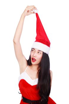 happy woman in Santa Claus clothes isolated on a white background