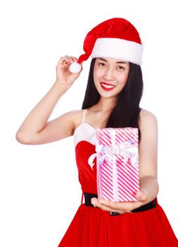 happy woman in Santa Claus clothes with gift box isolated on a white background