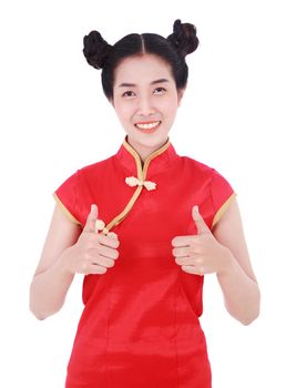 beautiful woman wear red cheongsam and thumb up in concept of happy chinese new year