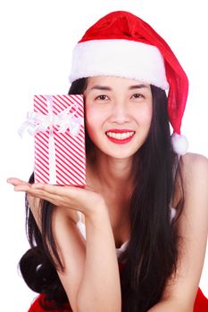 happy woman in Santa Claus clothes with gift box isolated on a white background