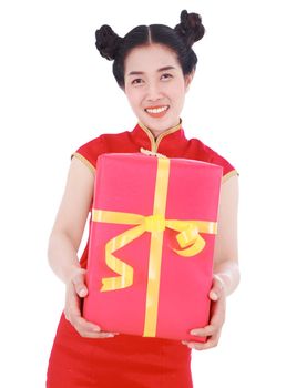 young woman holding red gift box in concept of happy chinese new year isolated on a white background
