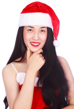 woman thinking in Santa Claus clothes isolated on a white background