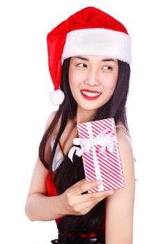 happy woman in Santa Claus clothes with gift box isolated on a white background