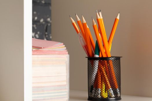 Education, studing and back to school concept Creative desk with stationery