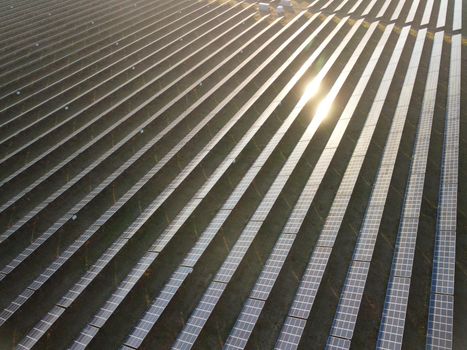 Aerial top view of a solar panels power plant. Photovoltaic solar panels at sunrise and sunset in countryside from above. Modern technology, climate care, earth saving, renewable energy concept