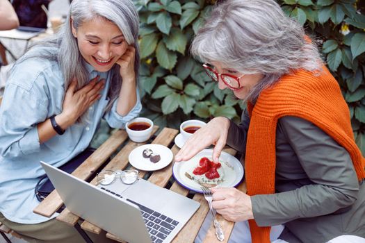 Happy grey haired woman with Asian friend watch video via modern laptop sitting at table on outdoors cafe terrace on nice autumn day