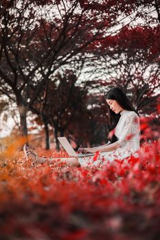 beautiful woman using laptop in the outdoor park