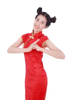 beautiful woman wear red cheongsam with gesture of congratulation in concept of happy chinese new year isolated on white background