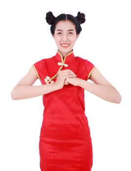 beautiful woman wear red cheongsam with gesture of congratulation in concept of happy chinese new year isolated on white background