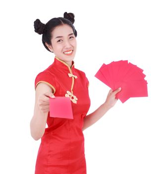 beautiful woman wearing cheongsam or qipao giving red envelopes in concept of happy chinese new year isolated on white background
