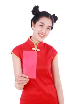 beautiful woman wear cheongsam and holding red envelope in concept of happy chinese new year isolated on white background