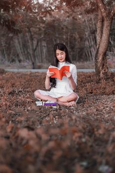 young woman reading a book in the park