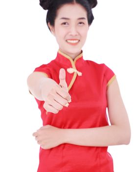 beautiful woman wear red cheongsam and thumb up in concept of happy chinese new year isolated on white background