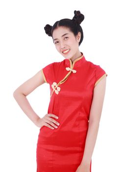 beautiful woman wear red cheongsam in concept of happy chinese new year