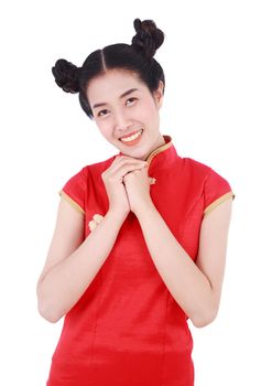 beautiful woman wear red cheongsam in concept of happy chinese new year isolated on white background