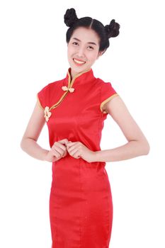 beautiful woman wear red cheongsam in concept of happy chinese new year isolated on white background