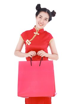 happy woman holding shopping bag on chinese new year celebration isolated on a white background