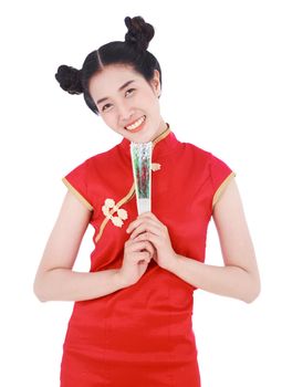 woman wearing chinese cheongsam dress and holding a chinese fan isolated on a white background