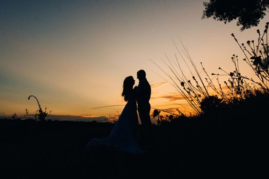 silhouettes of a happy young couple guy and girl on a background of orange sunset in the ocean