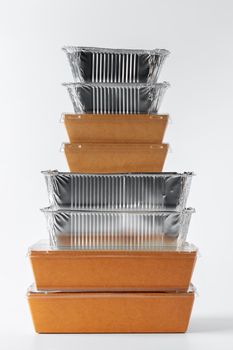 Set of recyclable food packaging on white background close up