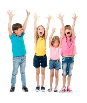 joyful laughing children with hands up in colorful clothes isolated on white background