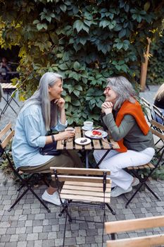 Cute happy mature women sit together at small table near green ivy on outdoors cafe terrace on autumn day