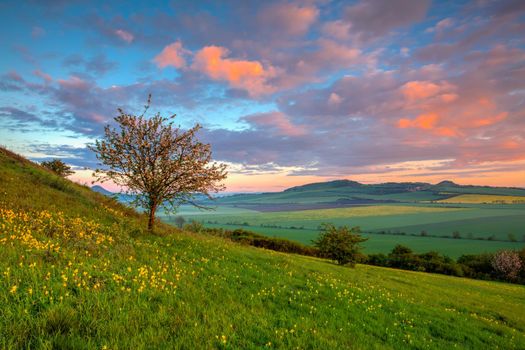 Amazing sunrise in the Central Bohemian Uplands, Czech Republic. The Central Bohemian Uplands (Ceske Stredohori) constitute a protected landscape area in North Bohemia.