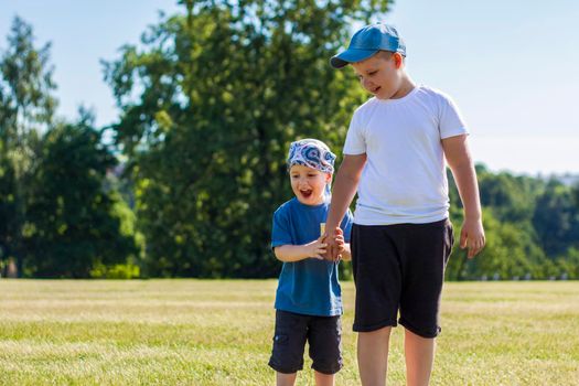 Cheerful children, two brothers, smile with joy. we are happy to walk and play on the lawn in warm sunny weather in the park. the emotions of children on the face. Happiness 