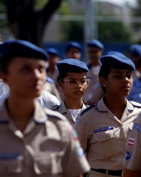 salvador, bahia, brazil - july 24, 2019: students from the College of the Military Police of Bahia are seen training in the school yard in the city of Salvador.