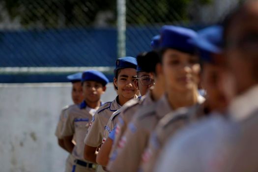 salvador, bahia, brazil - july 24, 2019: students from the College of the Military Police of Bahia are seen training in the school yard in the city of Salvador.