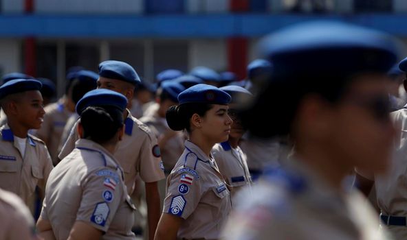 salvador, bahia, brazil - july 24, 2019: students from the College of the Military Police of Bahia are seen training in the school yard in the city of Salvador.