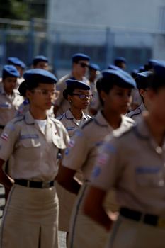 salvador, bahia, brazil - july 24, 2019: students from the College of the Military Police of Bahia are seen training in the school yard in the city of Salvador.