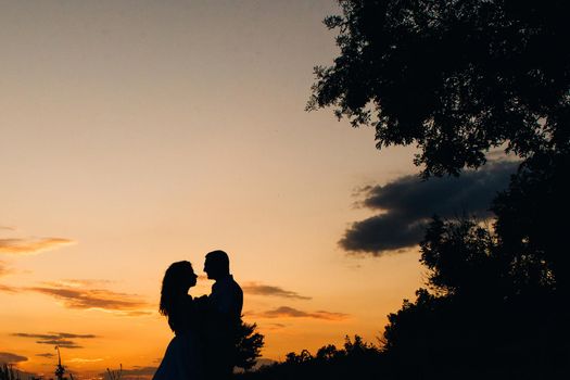 silhouettes of a happy young couple guy and girl on a background of orange sunset in the ocean