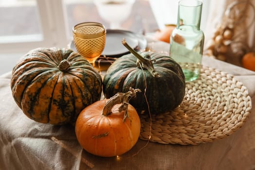Autumn interior: a table covered with dishes, pumpkins, a relaxed composition of Japanese pampas grass. Interior in the photo Studio. Close - up of a decorated autumn table.