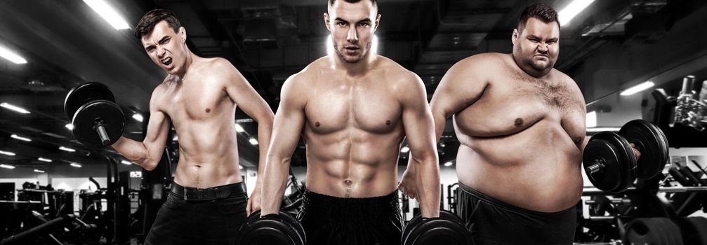 Ectomorph, mesomorph and endomorph . Before and after result. Group of three young sports men - fitness models holds the dumbbell in gym. Fat, fit and athletic men.
