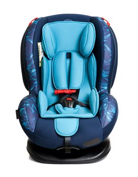 blue child safety seat isolated over white background, seat designed specifically to protect children from injury or death during collisions.