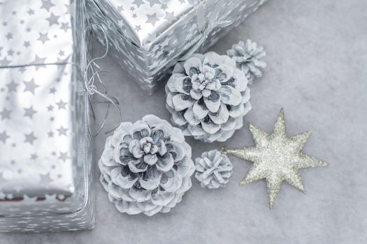 Cones in the snow and presents in silver packing