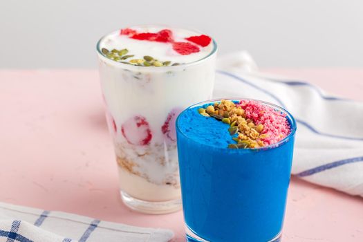 Homemade healthy yogurt with muesli and blueberries