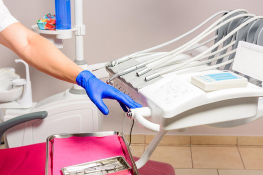 Dental tools close up, dentist tools on a medical table.2020