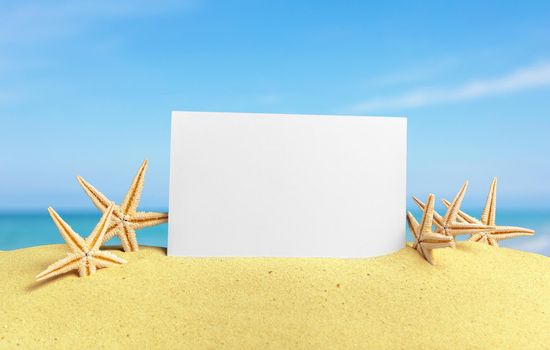 Seashells with blank card on sand beach