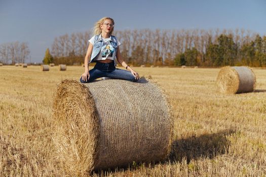 Beautiful girl villager posing in jeans on a bale of hay in a field