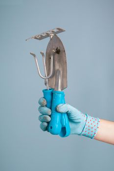 Hand holding garden tools on blue background