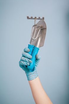 Hand holding garden tools on blue background