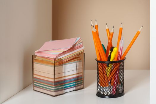 Education, studing and back to school concept Creative desk with stationery
