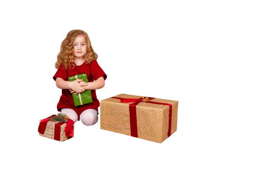 little girl and new year gifts isolated on white, holidays