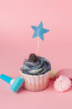 Yummy cupcake on light pink background close up