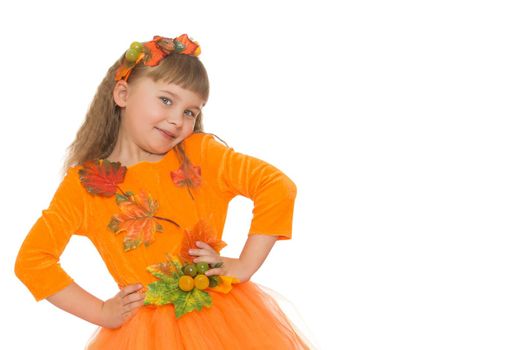 Nice little girl dressed in a bright orange dress- Isolated on white background